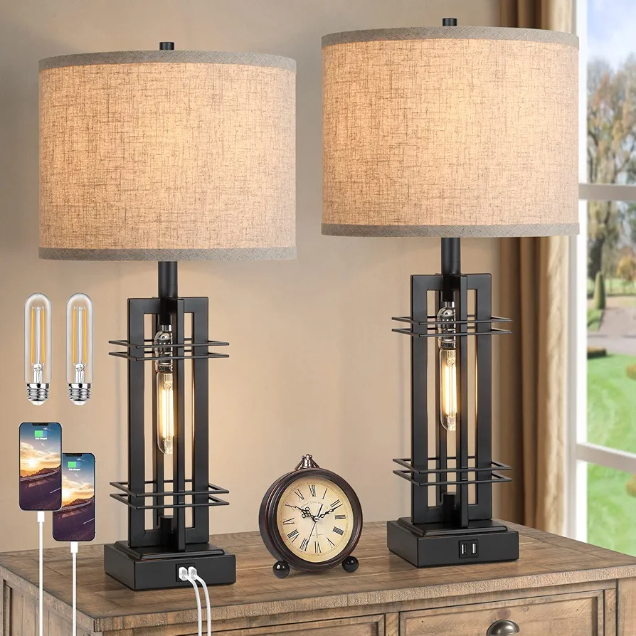 Set of 2 Farmhouse Table Lamps with USB Ports, 27.5" Tall 2-Lights Reading Lamp, Bedside Nightstand Lamp with Cream Fabric Shade, Industrial Desk Lamp for Bedroom Living Room Office, 2 Bulbs Included