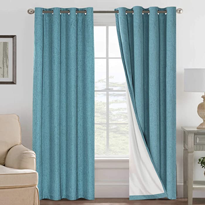 Linen Blackout Curtains 96 Inches Long 100% Absolutely Blackout Thermal Insulated Textured Linen Look Curtain Draperies Anti-Rust Grommet, Energy Saving with White Liner, 2 Panels, Teal