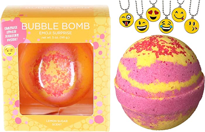 Emoji Bubble Bath Bomb for Girls with Surprise Kids Emoticon Necklace Inside by Two Sisters Spa. Large 99% Natural Fizzy in Gift Box. Moisturizes Dry Sensitive Skin. Releases Color, Scent, Bubbles