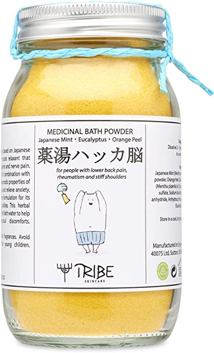 Japanese Bath Powder with Japanese Mint, Eucalyptus and Orange Peel for people with with lower back pain, rheumatism and stiff shoulders