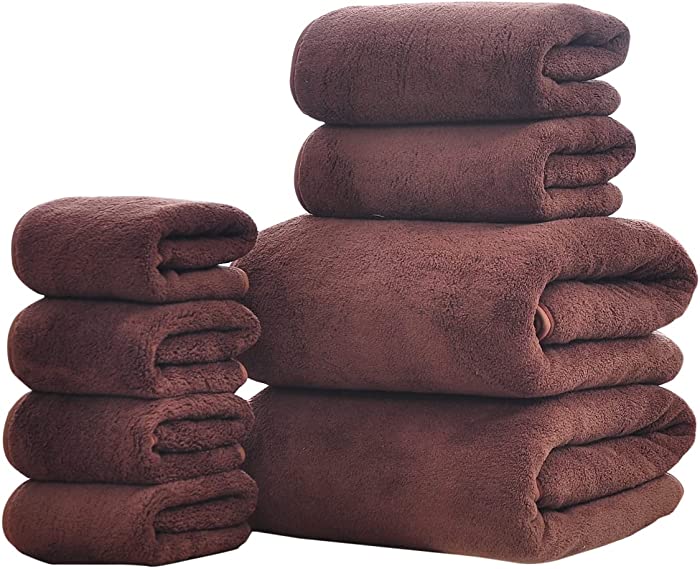 ND Ultra Soft Towel Set - Quick Drying - 2 Bath Towels 2 Hand Towels 4 Washcloths - Microfiber Coral Velvet Highly Absorbent Towel for Bath Fitness, Bathroom, Sports, Yoga, Trave (Brown)