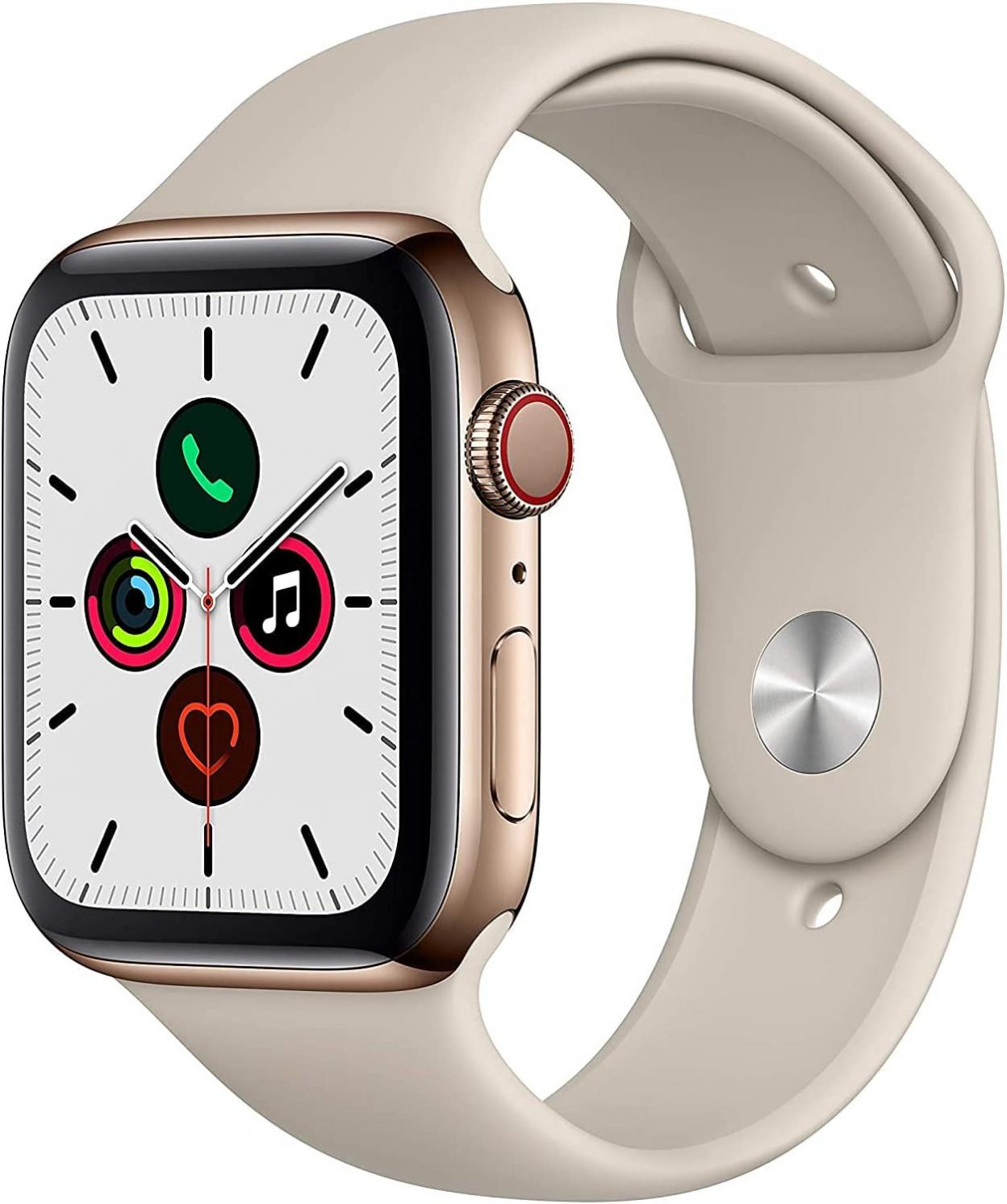 Apple Watch Series 5 (GPS + Cellular, 44MM) Gold Stainless Steel Case with Stone Sport Band (Renewed)