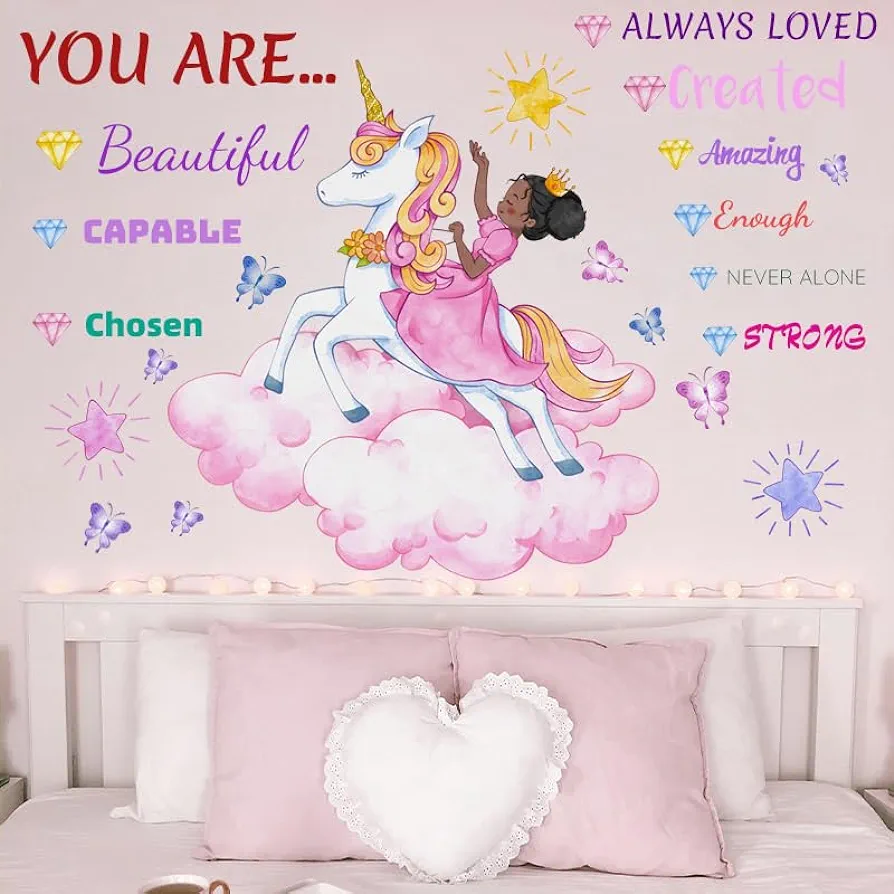 Unicorn Wall Decals for Girls Bedroom, Black Girl Wall Art, Toddler Black Girl Room Decor, Unicorn Wall Stickers for Girls Room, Unicorn Bedroom Decor for Girls, Butterfly Girl Wall Decals