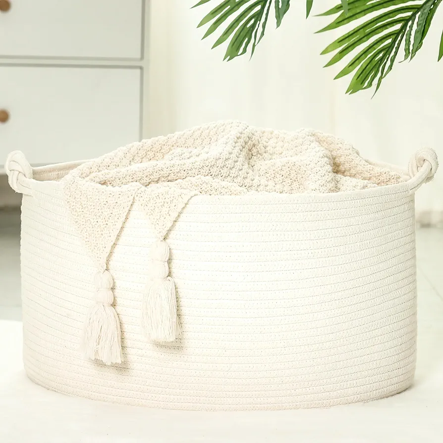 Blanket Basket 20”x13”x11”,Large Woven Basket for Storage,Cotton Rope Basket for Blankets in Living Room,Blanket Storage,Kids Toy Basket, Rope Baskets with Handles, Large Basket,White