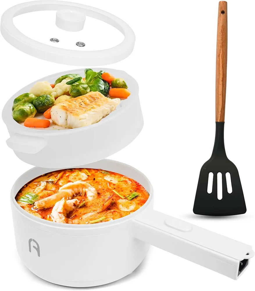 Electric Cooker, 2L Non-Stick Sauté Pan, Rapid Noodles Mini Pot for Steak, Egg, Fried Rice, Ramen, Oatmeal, Soup, Adjustable Power, College Dorm Room Essential, Includes Egg Rack