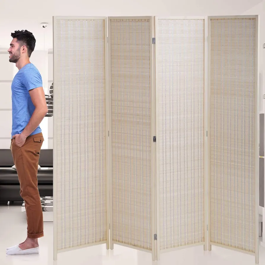 Room Divider Privacy Screen Folding 4 Panel 72 Inches High Portable Room Seperating Divider, Handwork Bamboo Mesh Woven Design Wall, Room Partitions and Dividers Freestanding, Natural