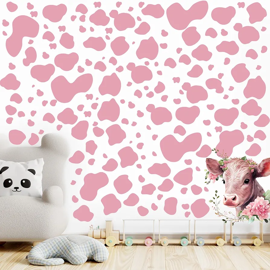 184 Pcs Cow Print Stickers, Adhesive Cow Wall Stickers Cow Print Vinyl Wall Art Decal Removable Cow Print Wall Decor Waterproof Animal Design Cow Decals for Walls Bedroom Living Room Nursery (Pink)