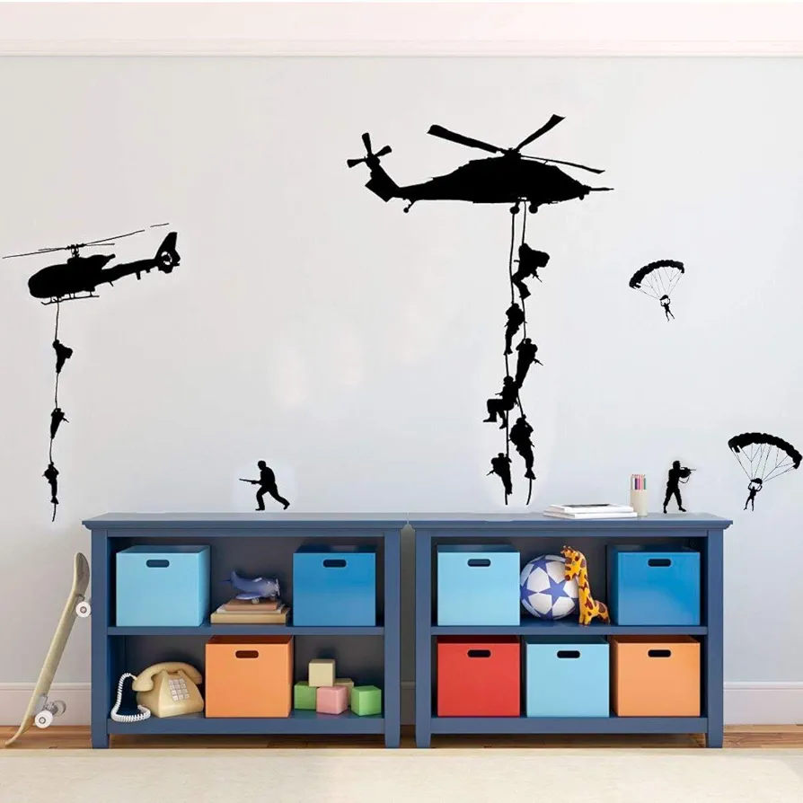 Soldiers Parachuting from Helicopters for Kids Playroom, Children, Military Families Army Wall Decals