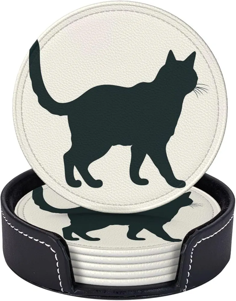 Drink Coasters with Holder Happy Walking Cat Leather Coasters Round Coaster for Drinks Tabletop Protection Cup Mat Decorate Cup pad for Coffee Table Kitchen Dining Room Bar Decor