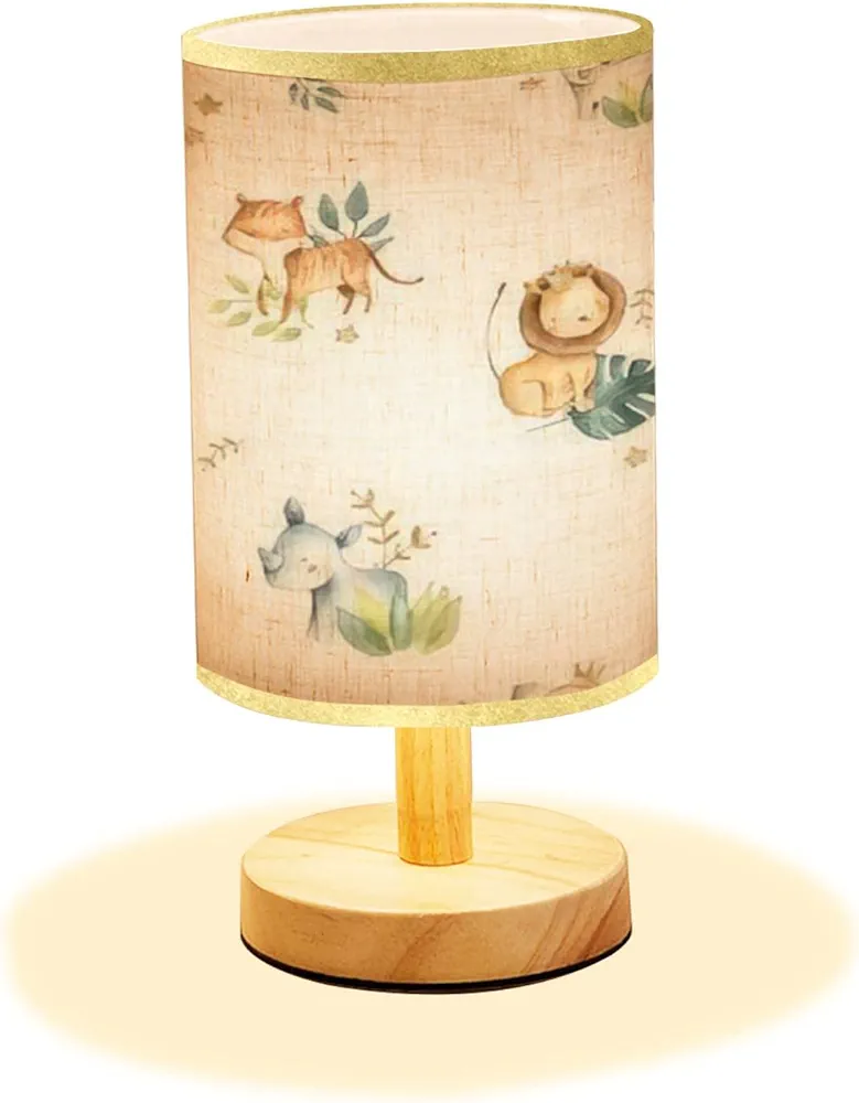 Minimalist Bedside Table Lamp Safari Animals Watercolor Cute Baby Nursery Seamless Wood Nightstand Lamp Bedside Desk Lamp Wood Base Flaxen Fabric Shade for Bedroom Living Room, 5.5x11inch