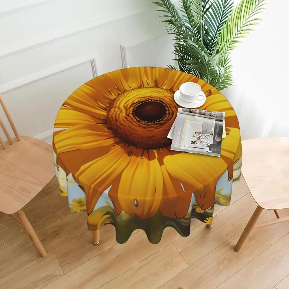 Sunflower Print Tablecloth Waterproof Wrinkle Resistant Round Table Cover Washable Table Cloth for Indoor Outdoor Kitchen Dining Room Holiday Decorative 60 Inch