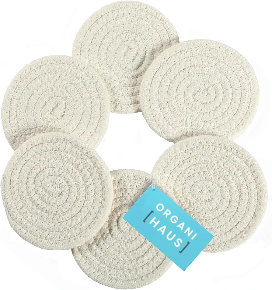 OrganiHaus Set of 6 White Farmhouse Coasters for Coffee Table | 4.3" Aethetic Boho Coasters for Drinks | Absorbent Coasters | Cute Coasters | Moisture Absorbing Coasters | Woven Fabric Cup Coasters