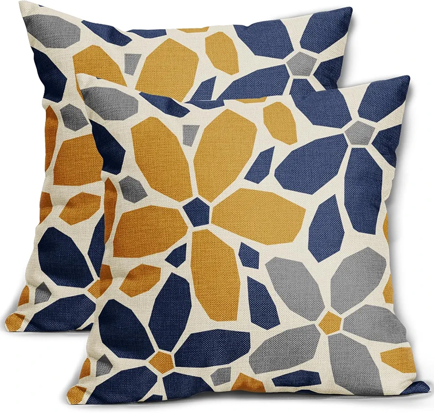 Navy Blue Yellow Grey Gray Pillow Covers 18x18 Set of 2 Geometric Art Flower Print Decorative Outdoor Pillowcases Abstract Floral Farmhouse Throw Cushion Case Decor for Couch Sofa Bed