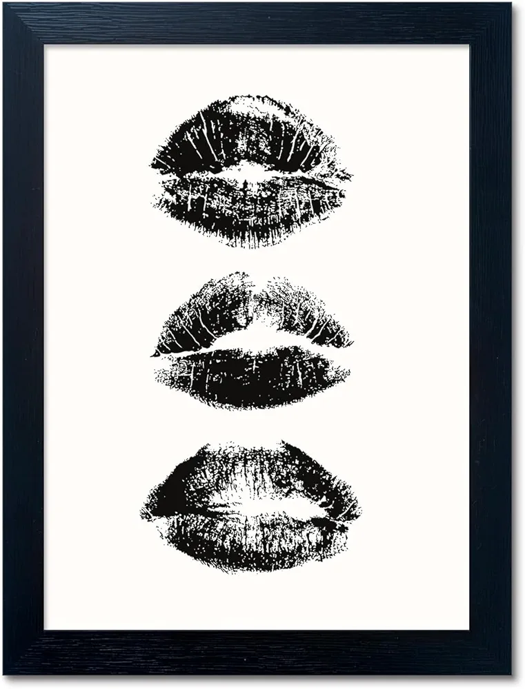 Black and White Kiss Lips Wall Art Framed Woman Makeup Room Wall Art Fashion Preppy Dorm Trendy Print Poster Funky Make Up Wall Art Girly Bathroom Decor