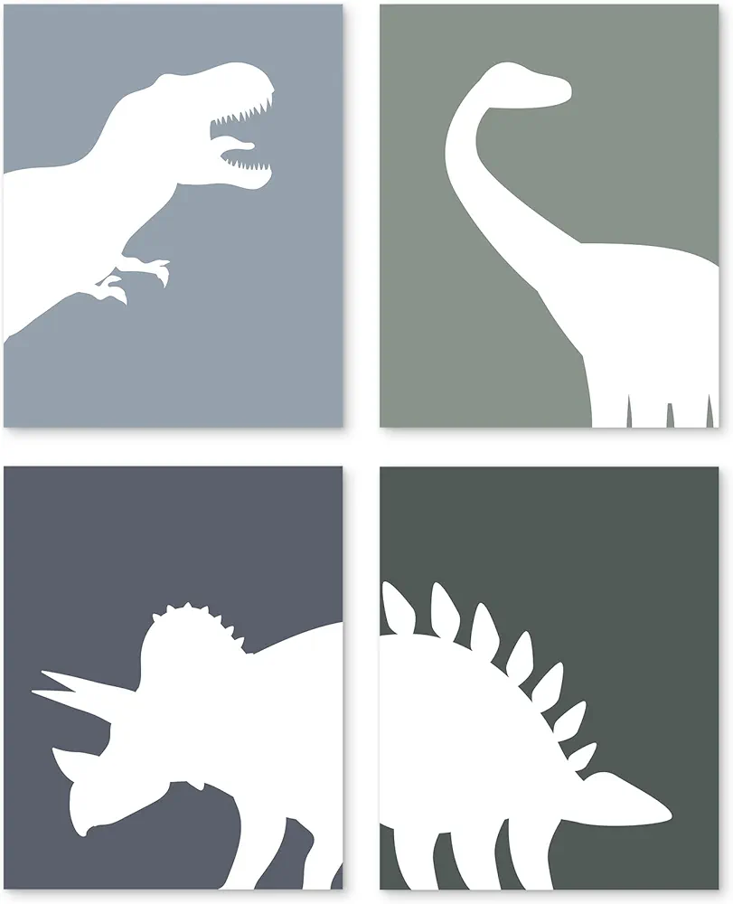 PUHEI Dinosaur Wall Art Prints Set of 4, Dinosaur Decor for Boys Room, Dinosaur Dino Wall Posters Decor for Toddler Boys Kids Childrens Room Bedroom Playroom Nursery (8x10 Inches UNFRAMED)