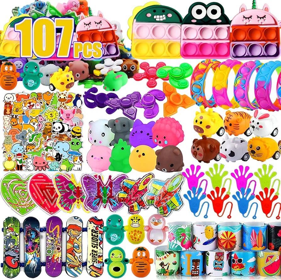 107 PCS Party Favors Toys for Kids, Treasure Box Toys for Classroom, Pop Fidget Toys Treasure Chest for Kids Prizes Classroom, Bulk Pinata Stuffers Goodie Bag Fillers for Kids 4-8