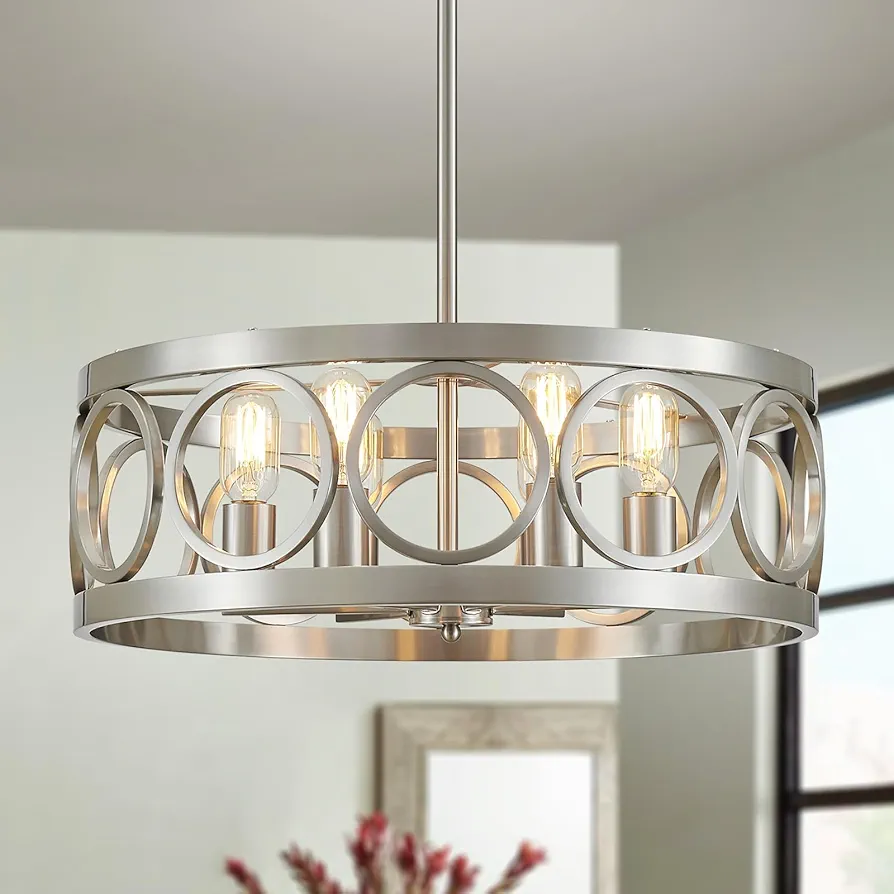 XINGQI 6-Light Modern Chandelier Brushed Nickel Farmhouse Dining Room Chandeliers, 21.7'' Drum Pendant Light Fixture Height Adjustable for Living Room Home Office