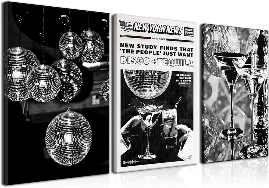 Black and White Canvas Wall Art Set of 3 - Disco Tequila Fashion Poster Prints Wall Decor, Retro Maximalist Decor Aesthetic Wall Art for Living Room Bedroom Bathroom Home Decor - Framed 16x24''