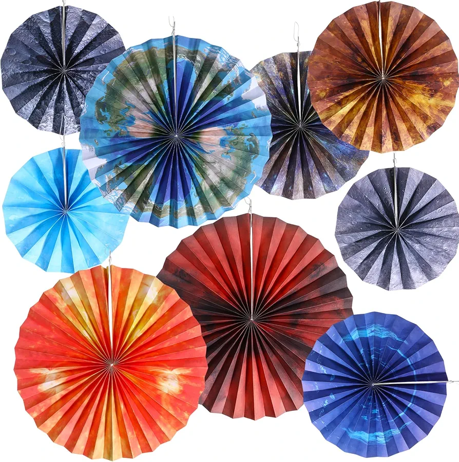 Outus 9 Pcs Outer Space Hanging Decorations Paper Fans Solar System Classroom Decorations Galaxy Planet Ceiling Wall Room Decor Fans for Kids Space Themed Planets Birthday Party Decorations Supplies