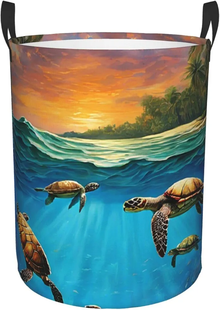 Laundry Baskets with Handles Waterproof Small inches Storage Basket, Collapsible Laundry Hampers, Laundry Room Organization & Apartment Essentials - Sea Turtles