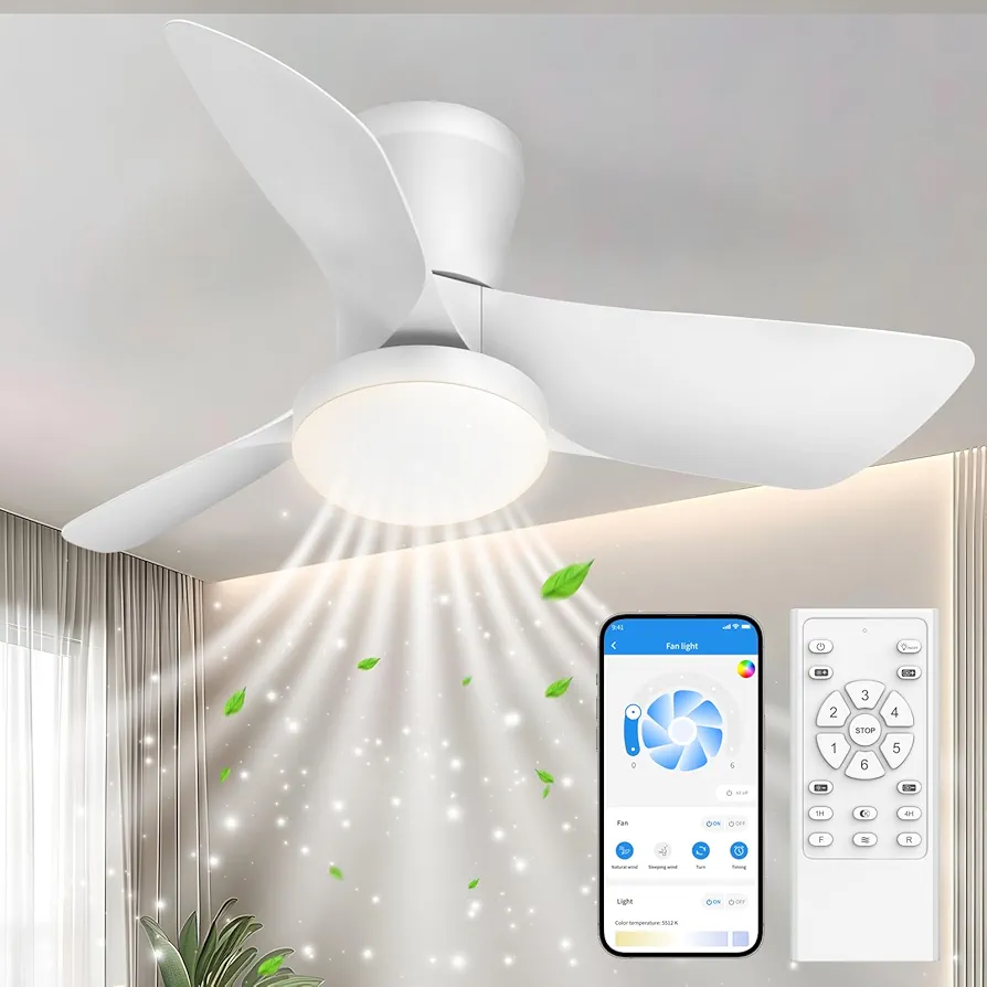 Ceiling Fans Lights with APP & Remote Control: 30 Inch Low Profile Ceiling Fans with Lights Reversible Small Flush Mount Ceiling Fan 3 Colors Quiet 6 Speeds Ceiling Fan for Bedroom Livingroom Kitchen