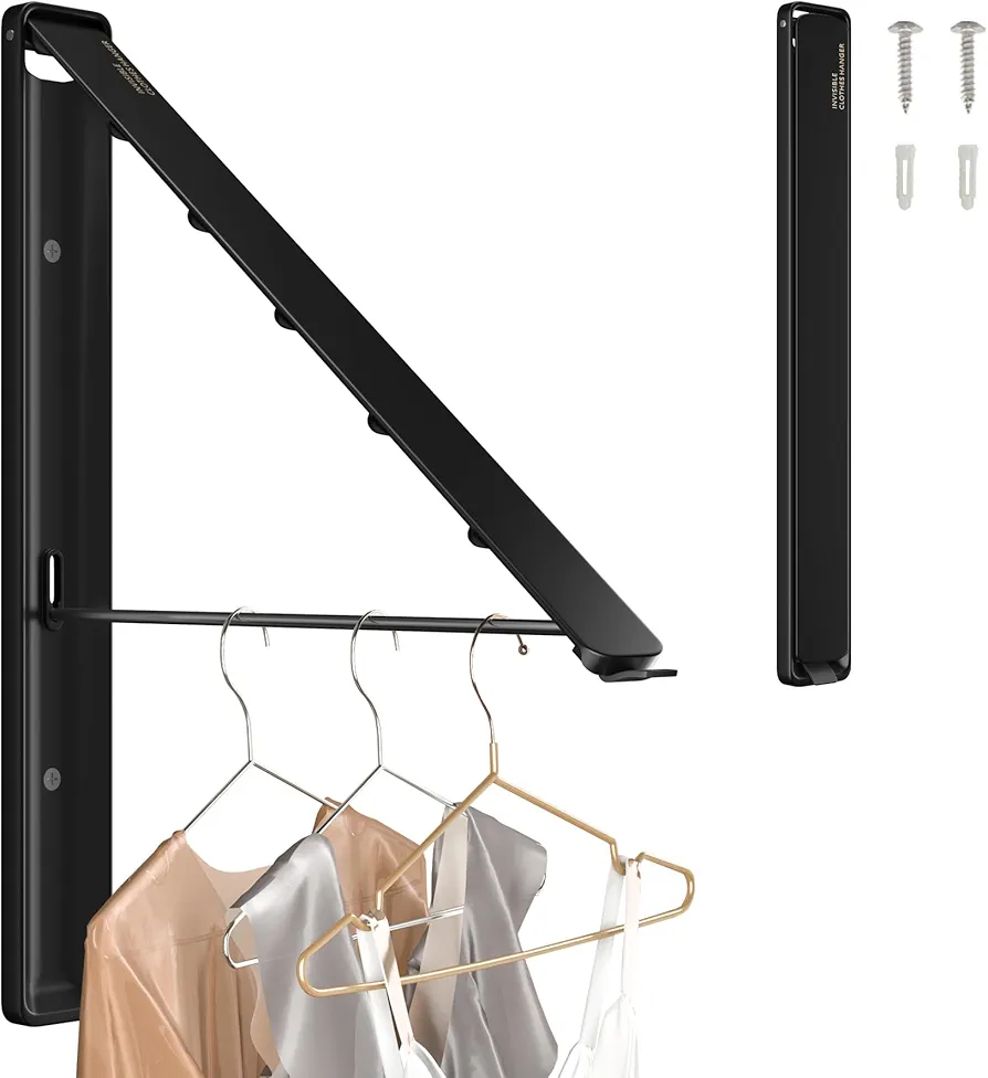 Clothes Drying Rack Wall Mounted, Retractable & Foldable Clothes Hanger for Laundry Room Organization and Storage, Clothes Hanger Rack for Dorm, Closet, Balcony, Laundry Room(1P, Metal, Black)