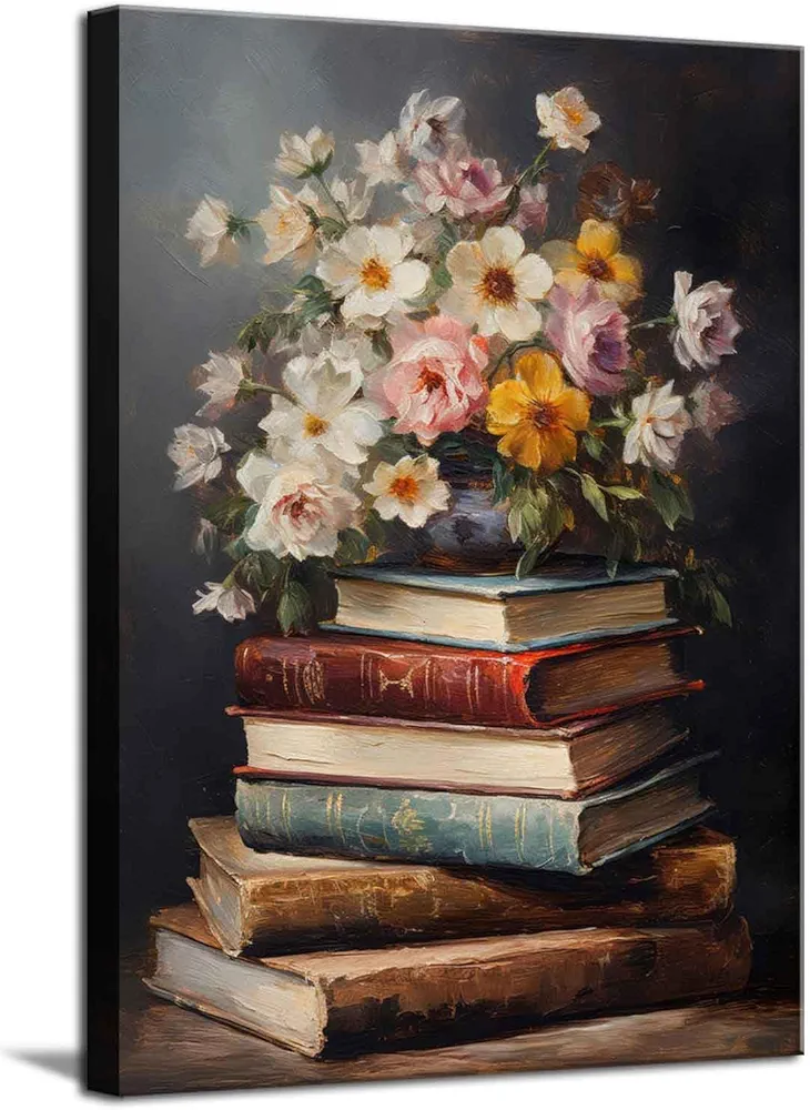 Moody Flower Books Canvas Wall Art, Vintage Spring Wildflowers Poster Prints Dark Academia Floral Gallery Wall Decor Picture Easter Flower Paintings Artwork for Bedroom Living Room Decoration