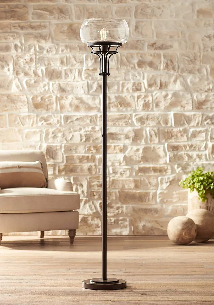 Franklin Iron Works Luz Modern Industrial Edison Bulb Floor Lamp Torchiere 72.5" Tall Oil Rubbed Bronze Clear Glass Standing Bright Lighting for Living Room Reading House Bedroom Home Office