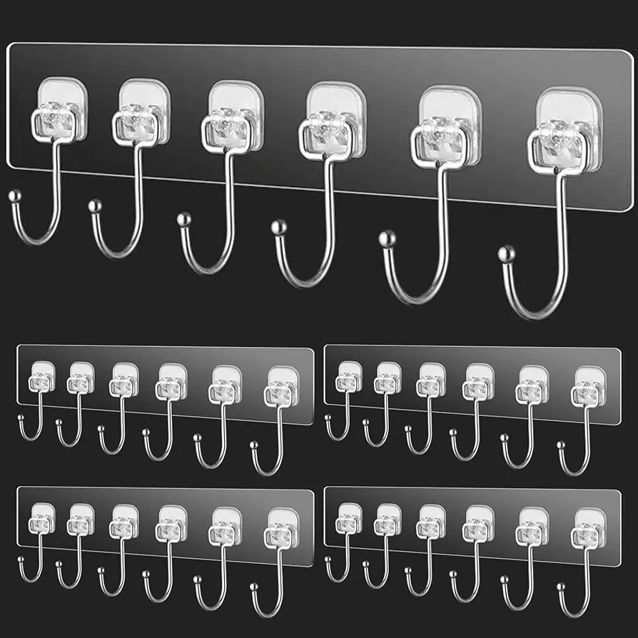 Adhesive Coat Rack with 6 Hooks, 4 Packs Heavy Duty Wall Hook for Hanging Coat Hat Towel Purse Robes Keys Mudroom Bathroom Entryway, Coat Hooks