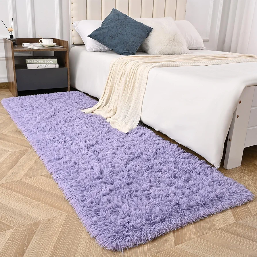 Purple Runner Area Rugs for Bedroom Living Room, 2x6 Feet Fluffy Bedside Rugs, Soft Shaggy Carpet Rug for Kids Room Nursery, Furry Rugs for Girls Boys Dorm Room Home Decor