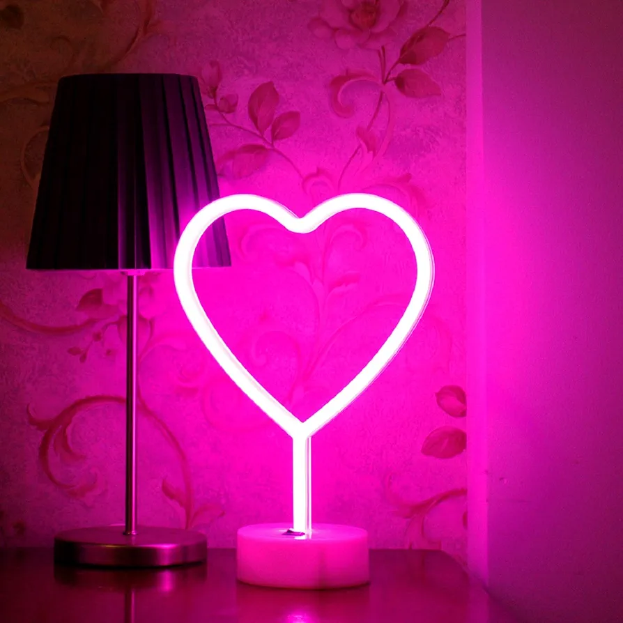 Pink Heart Neon Sign, LED Neon Light Battery Operated or USB Powered Lamp Valentines Day Gift, Table Decorations Lights for Girl's Room Dorm Wedding Anniversary Bedroom Classroom Mother's Day Gifts