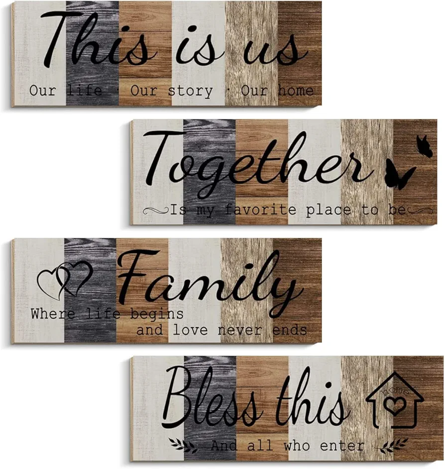 4 Pieces This is Us Our Life Our Story Home Wall Signs Decor Together Is My Favorite Place To Be Sign Rustic Wood Wall Entryway Plaque for Bedroom Living Room Decor, 4.7 x 13.7 Inch (Classic)