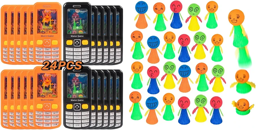 24 Pcs Handheld Water Game +24Pcs Jumping Spring Rockets Launchers Toys-Fidget Emoticon Popper Toy Party Favors for Kids- Return Gifts Valentine Day Gifts-Goodie Bags Stuffers-Classroom Prizes