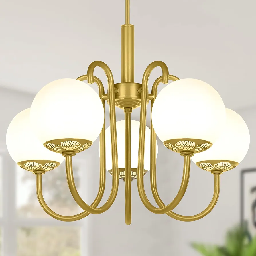 BesLowe Gold Chandelier, 5-Light Mid Century Brass Chandeliers for Dining Room Kitchen Island, Modern Globe Chandelier Light Fixture Ceiling Hanging for Living Room Entryway Foyer, Height Adjustable