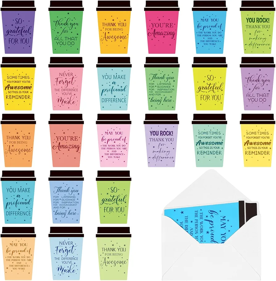 48 Pack Teacher Appreciation Cards Back to School Gifts Bulk Thank You Cards Coffee Cup Cards with Envelopes for Coworker Teachers Team Staff Office School Classroom Favors, Employee Style