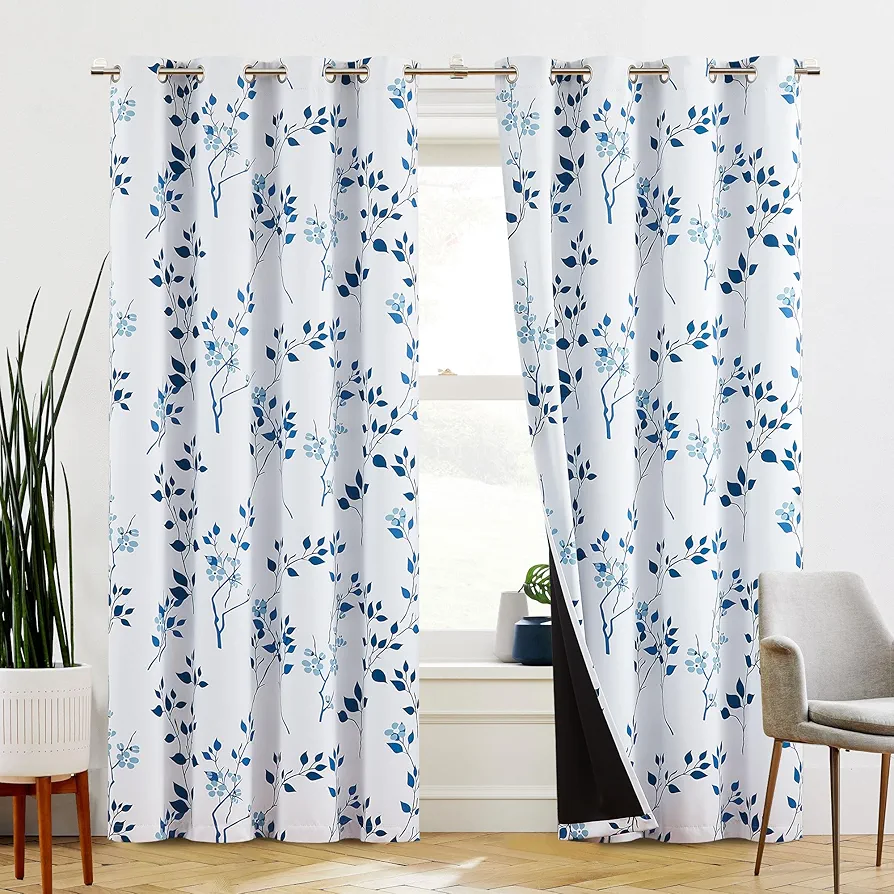 Beauoop Floral 100% Blackout Curtains 96 Inches Long 2 Panels for Bedroom Living Room Navy Blue and White Flower Patterned Room Darkening Thermal Soundproof Gromment Window Treatments Drapes, 52X96