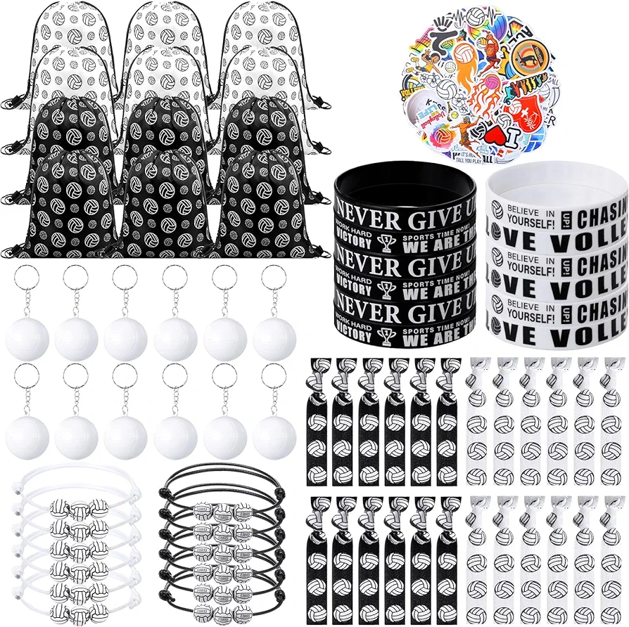 122 Pcs Volleyball Gifts Volleyball Party Favors Set Include Volleyball Drawstring Backpack, Keychain, Silicone Wristbands, Woven Bracelets, Stickers and Hair Ties for Sports Classroom