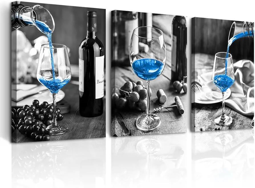 DZRWUBHS Canvas Wall Art For Kitchen Wall Decor For Dining Room Black And White Glasses Wine Painting Modern Blue Wine Wall Pictures Art Prints Artworks Bar Restaurant Home Decorations 3 Piece