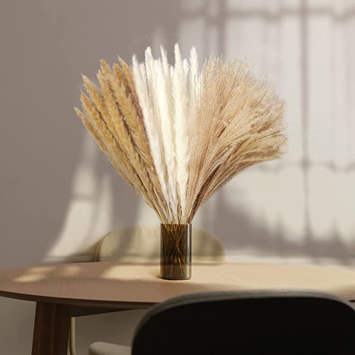 60 Bundles Dried Pampas Grass Plants for Decor Boho Home Vase, Small Dry Reeds Pompous Grass Bouquet Rustic Seaside Decoration, Real Natural Flowers Tables Arrangements (45CM, White Beige and Brown)