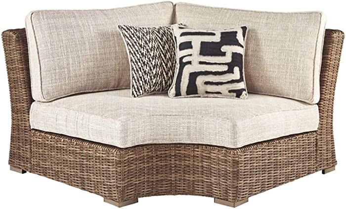 Signature Design by Ashley Beachcroft Farmhouse Outdoor Patio Wicker Curved Corner Chair, Beige