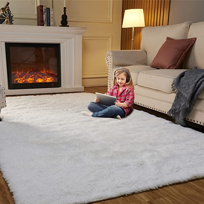 EasyJoy Fluffy Area Rugs for Bedroom Living Room, 8ft x 10ft White Furry Carpet for Teens Room, Shaggy Throw Rug for Nursery Room, Fuzzy Plush Rug for Dorm, Cute Room Decor for Girls Boys Room