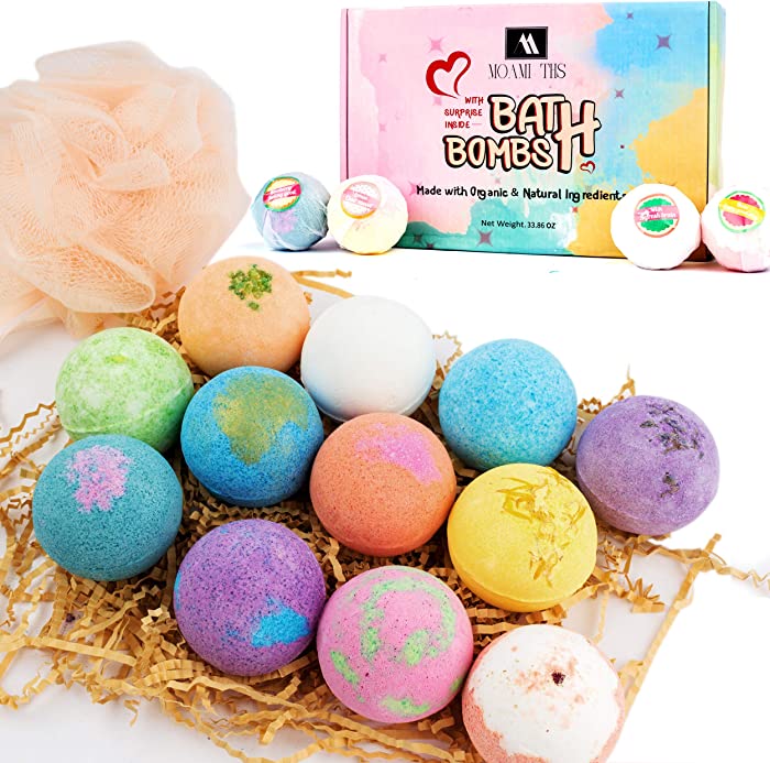 Bath Bombs 12PCS Gift Set with Loofah Sponge-100% Handmade Natural Essential Oils-Shea & Coco Butter Dry Skin-Christmas-Mothers Day-Birthday Gift Idea for Wife, Girlfriend-Bubbles & Spa Bath