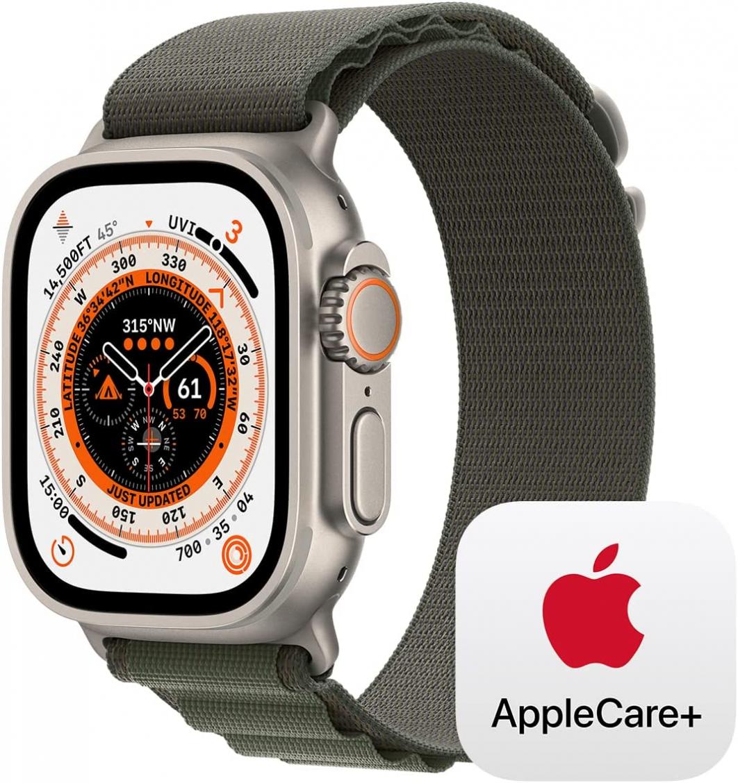 Apple Watch Ultra GPS + Cellular, 49mm Titanium Case with Green Alpine Loop - Small with AppleCare+ (2 Years)