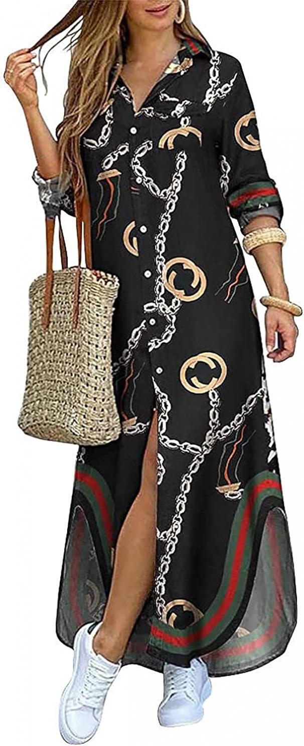 Kuraki Women's Casual Print Button Front Maxi Shirt Dress