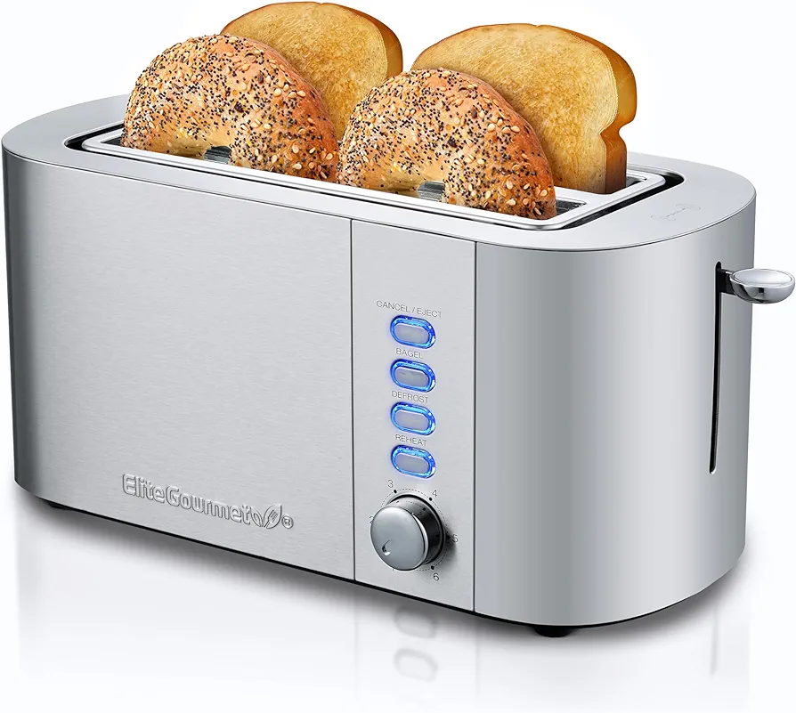 Elite Gourmet ECT4123 Long Slot 4 Slice Toaster, Extra Wide 1.5" and 5.1" Deep Slots, Bagel, Defrost & Cancel Functions, 6 Toast Shade Settings, Fits Bagels, Waffles, Artisan Breads, Stainless Steel