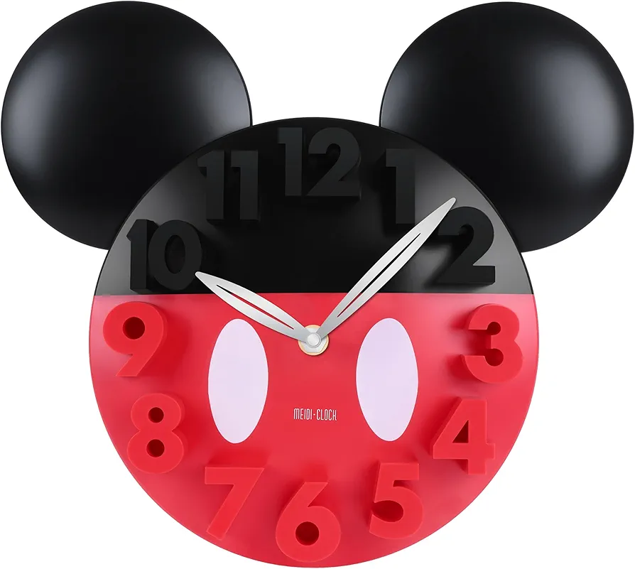 MEIDI CLOCK Mickey Mouse Concept Wall Clock - 3D Numbers, Silent Quartz Movement, 12" Black on Red