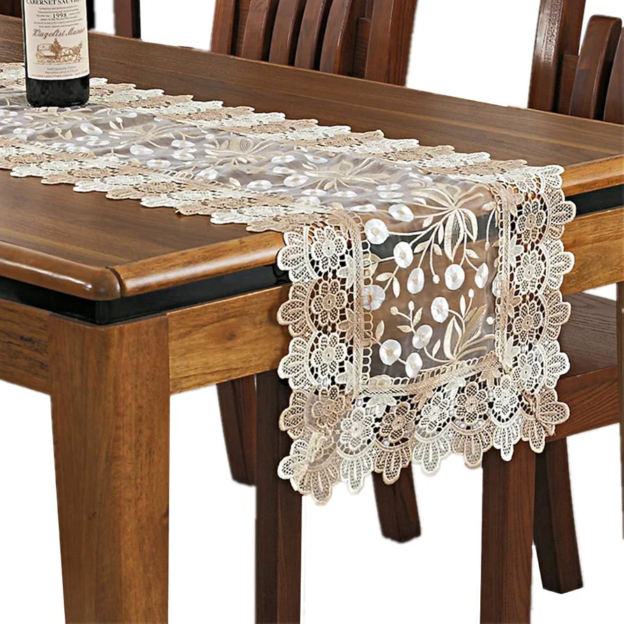 Lace Floral Embroidery Table Runner, Polyester Rectangle Transparent Dresser Scarf for Home Dining Room Tabletop Decoration, 16 x 78 Inches, Beige