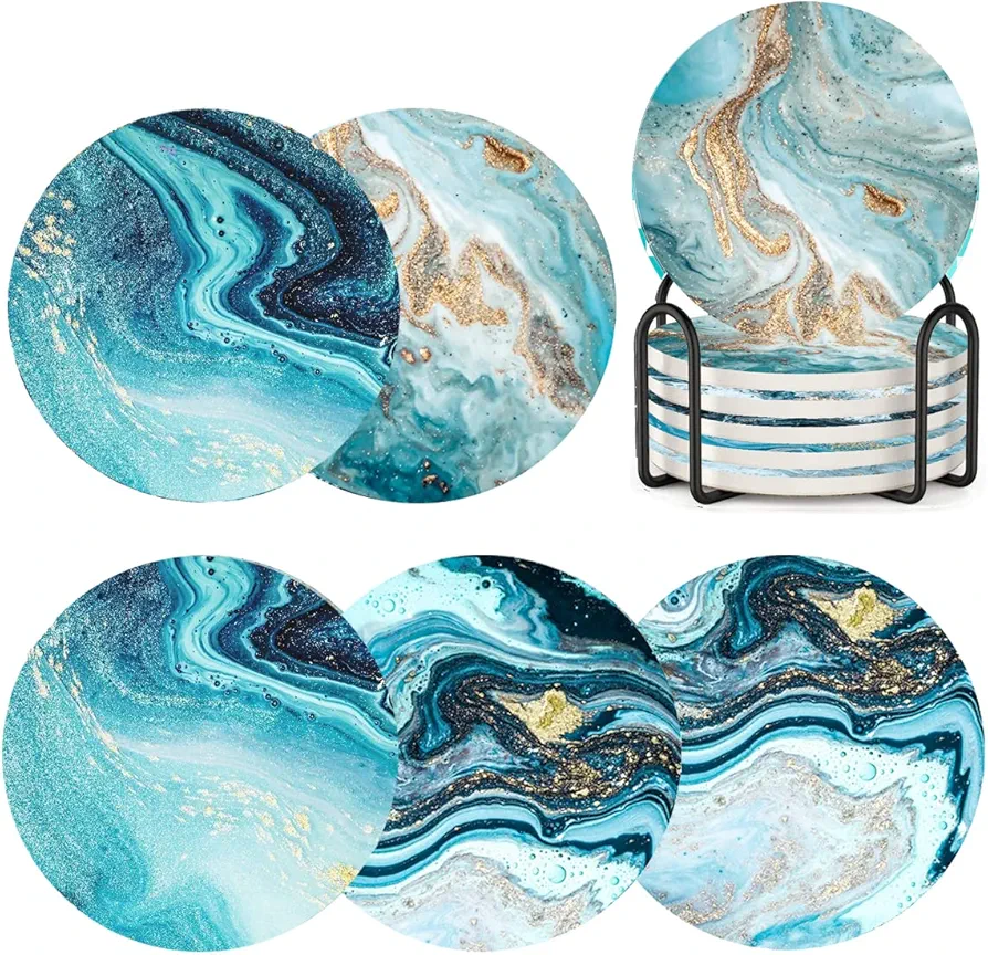 Coasters for Drinks with Holder,Marble Ocean Coasters for Table,Ceramic Absorb Stone Coasters with Cork Base (6 Pack) (Ocean)…