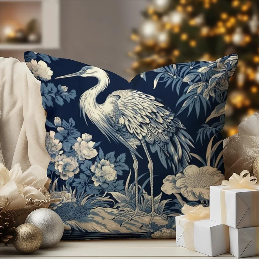 Chinoiserie Crane Bird Peacock Throw Pillow Cover Blue Flower and Bird Asian Garden Throw Pillow Japanese Asian Style Linen Pillowcases for Sofa Living Room 18x18in