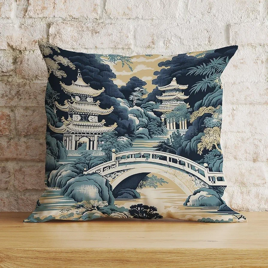 ArogGeld Chinoiserie Pagoda White Coral Blue Asian Throw Pillow Cover Asian Scenic Cushion Cases 18x18in Decorative Pillow Home Cotton Linen Luxury Pillow Case for Couch Sofa Bed Living Room Decor